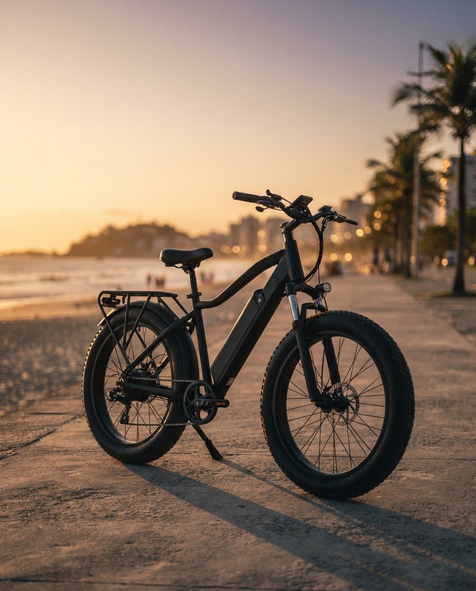 Bike elétrica V8 Pro S estacionada na orla de Vila Velha ao pôr do sol